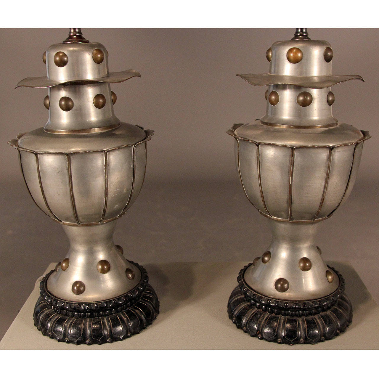 English Stunning Pair of Armorial Pewter Lamps For Sale