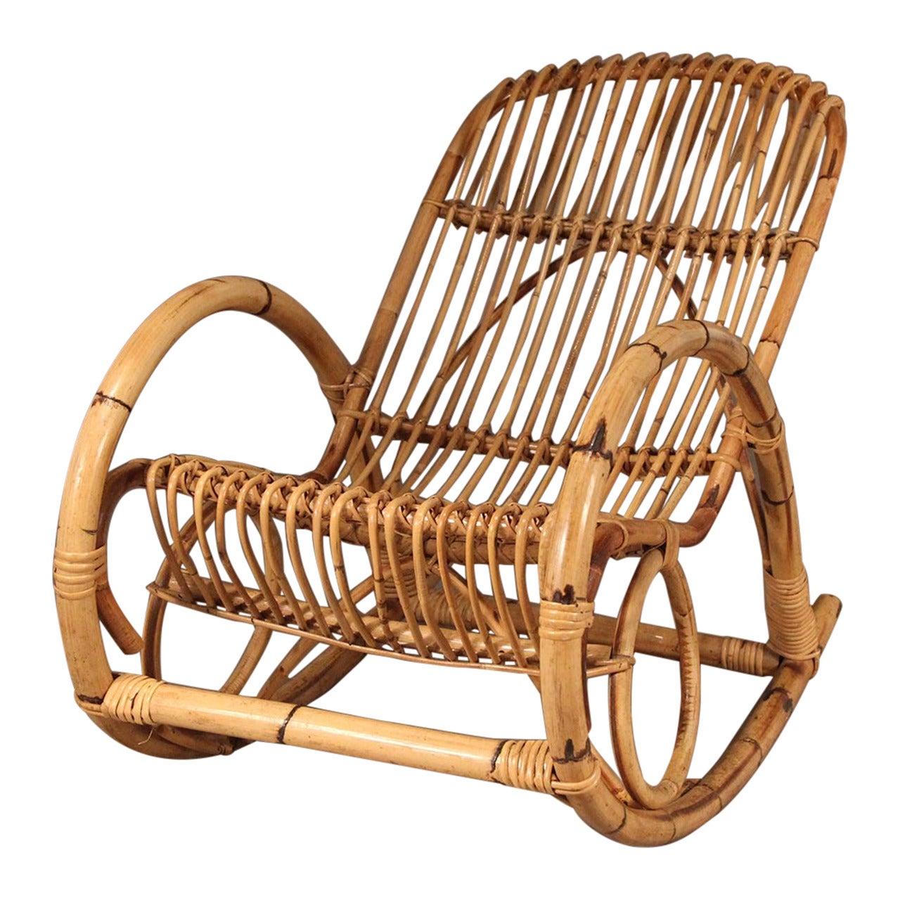 Franco Albini Style Mid-Century Rattan Rocking Chair For Sale