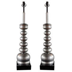 Pair of Silvered Ball Lamps - James Mont