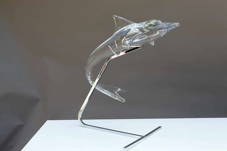Large Daum Crystal Dolphin on Polished Chrome Stand For Sale at 1stdibs