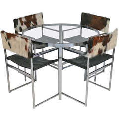 Chrome and Glass Table with Cowhide and Chrome Chairs