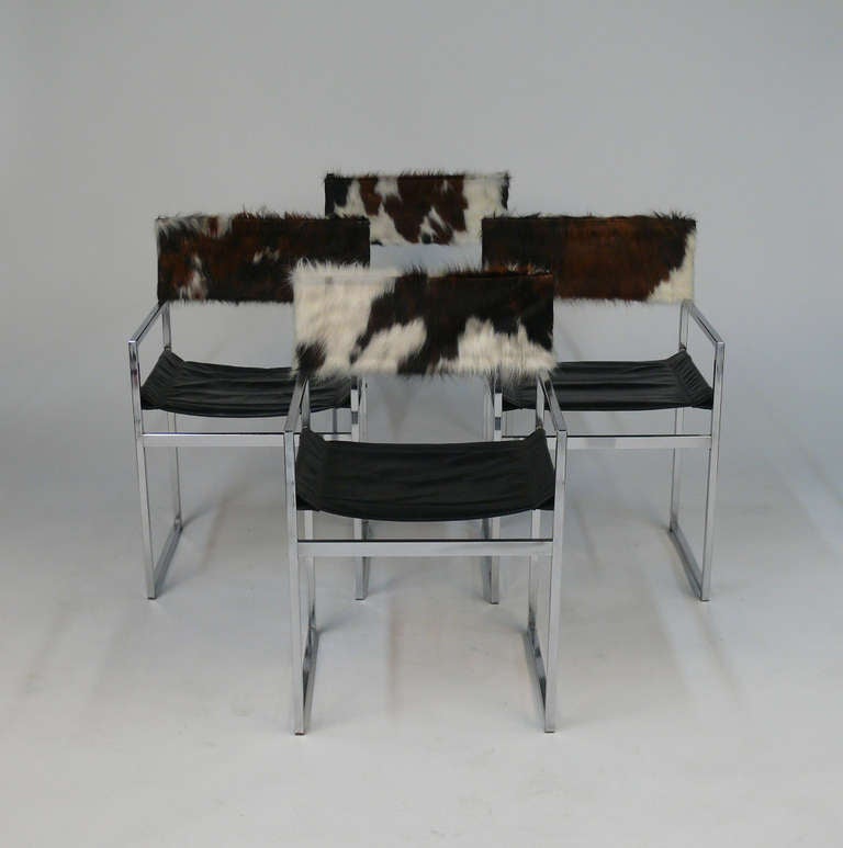 Mid-Century Modern Chrome and Glass Table with Cowhide and Chrome Chairs