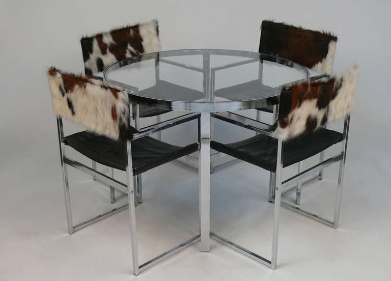 Chrome and Glass Table with Cowhide and Chrome Chairs 1