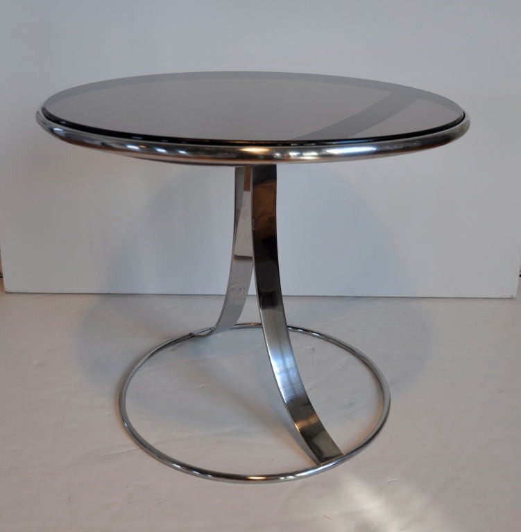 Polished steel and smoke glass round side/end/coffee table by Gardner Leaver, Steelcase. Three available.