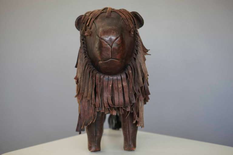 British Large Leather Lion Footstool by Dimitri Omersa