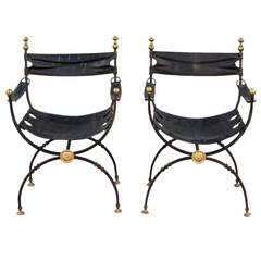 Pair of Iron and Brass Campaign Chairs