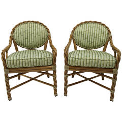 Pair McGuire Twisted Rattan and Rawhide Arm Chairs