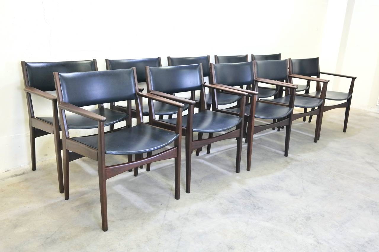 Rare hard to find set of ten for Frem Rojle dining chairs/conference chairs. Generous size with a wider seating area compared to other chairs of that era.