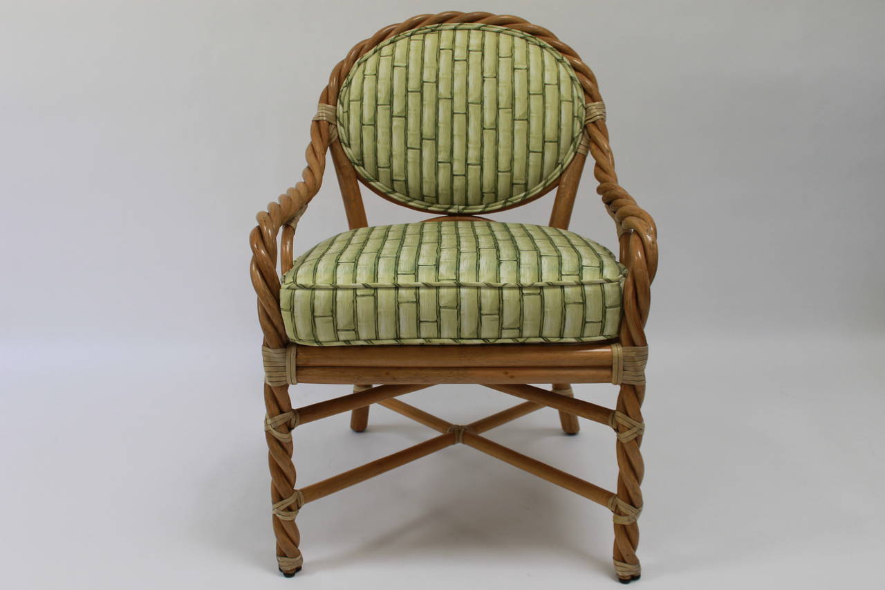 American Pair McGuire Twisted Rattan and Rawhide Arm Chairs