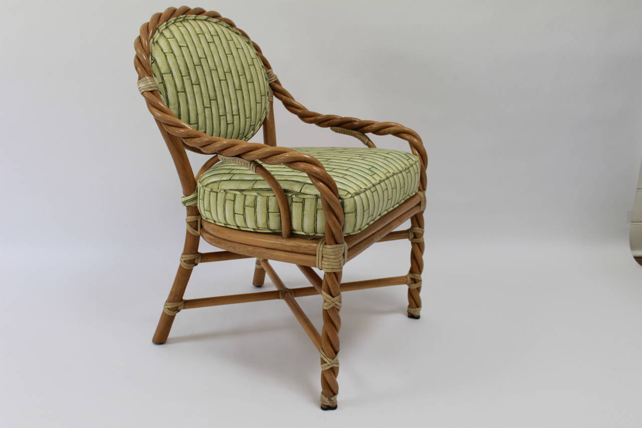 McGuire twisted rattan arm chairs, circa 1960.