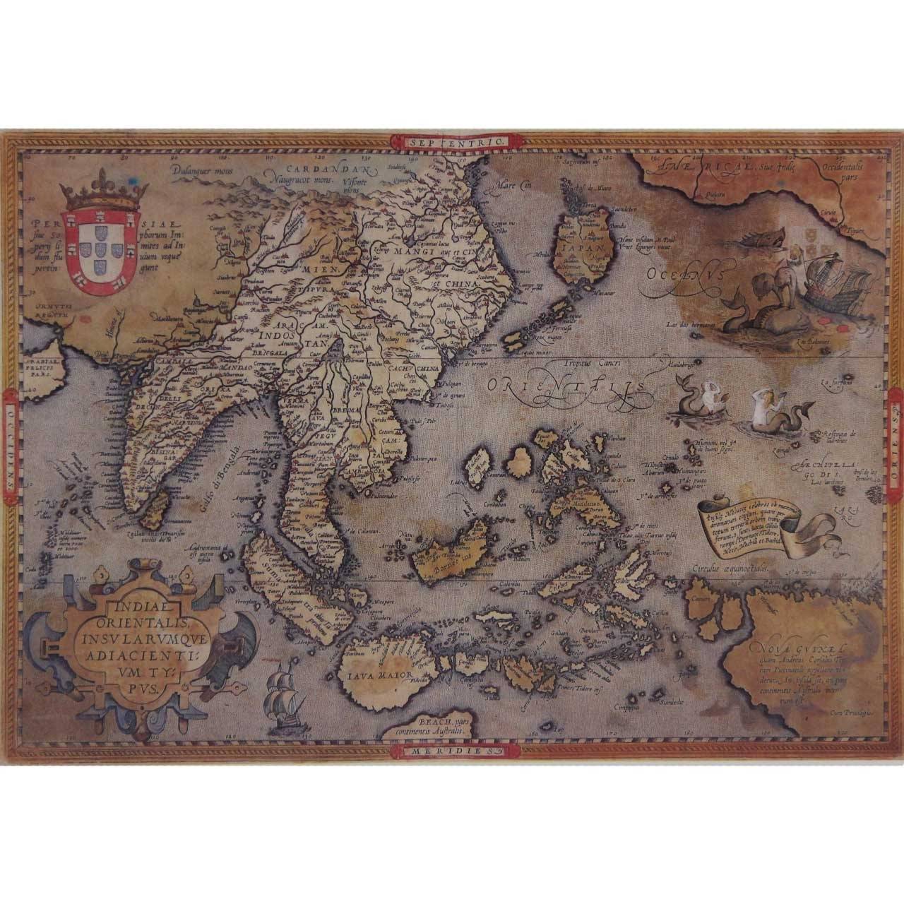 A wonderful assemblage of six map prints reproduced based on antique hand-coloured versions by renowned cartographer Abraham Ortelius (1527 - †1598). Maps are annotated in Latin and include ornate cartouches and charming decorative illustrations