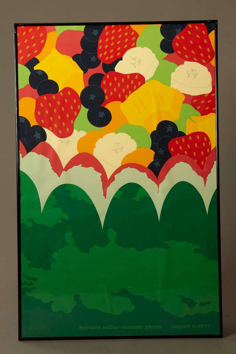 This poster is a first-edition - extremely rare - vintage Herman Miller poster from the Summer Picnic (Fruit Salad) series designed by artist and creative director Steven Frykholm in 1977. Each year a poster was designed to commemorate the Herman