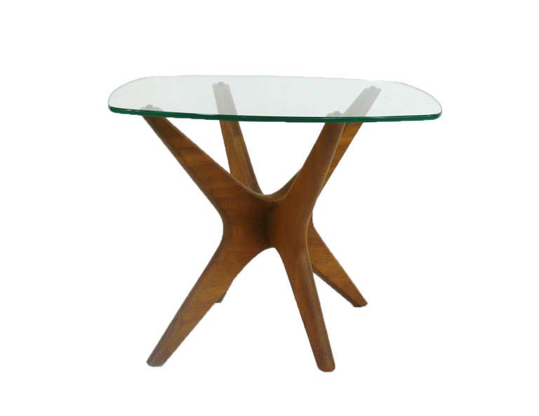 Walnut and glass Pearsall side table know as the Jax table.