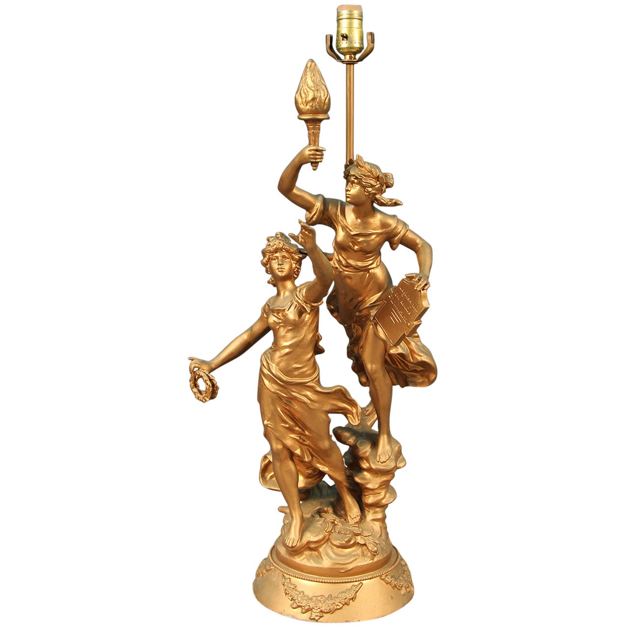 Art Nouveau Antique L & F Moreau Signed French Figural Table Lamp For Sale
