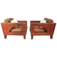 Pair of Embossed Leather and Suede Upholstery French Club Chairs