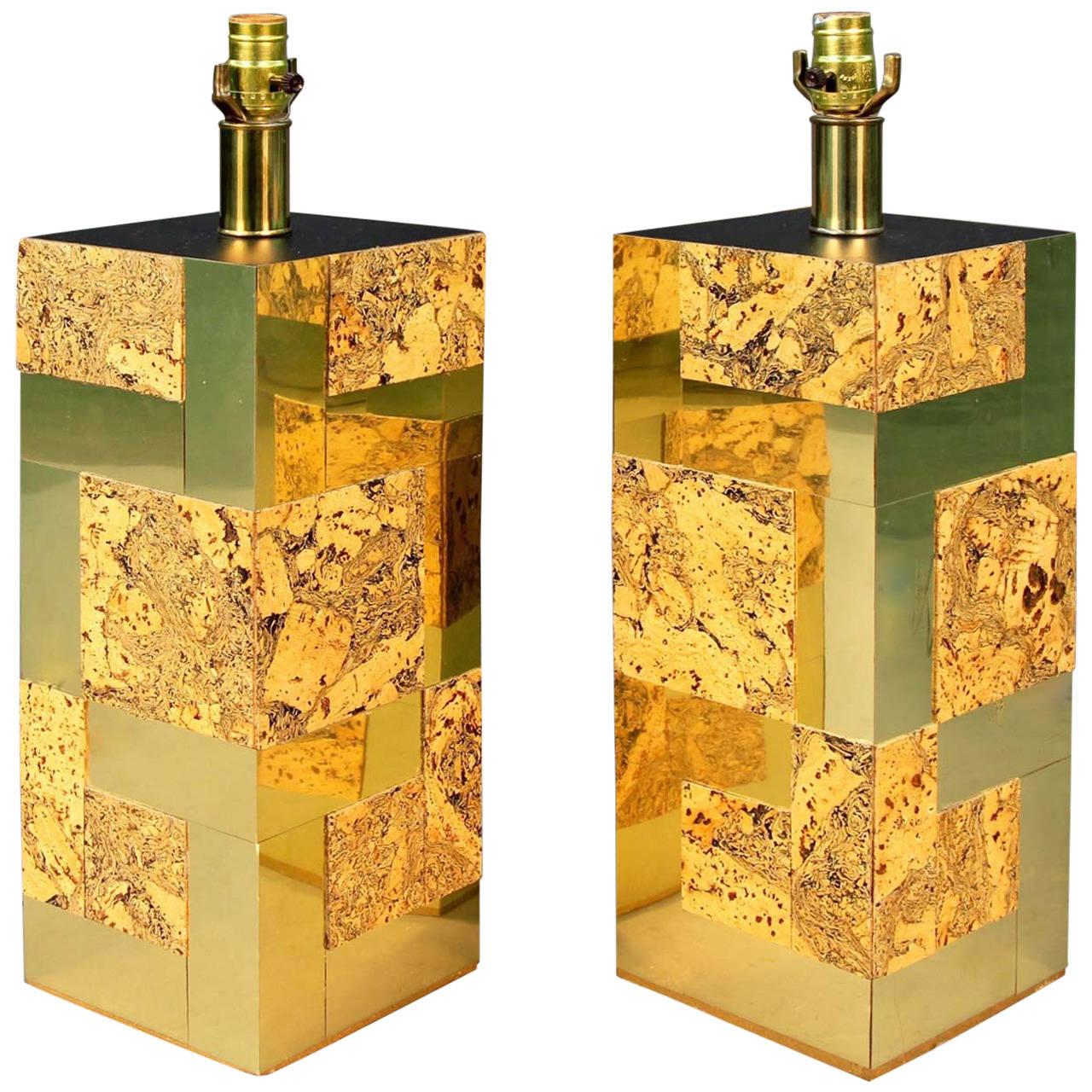 Incredible pair of brass and cork Cityscape lamps by Paul Evans.