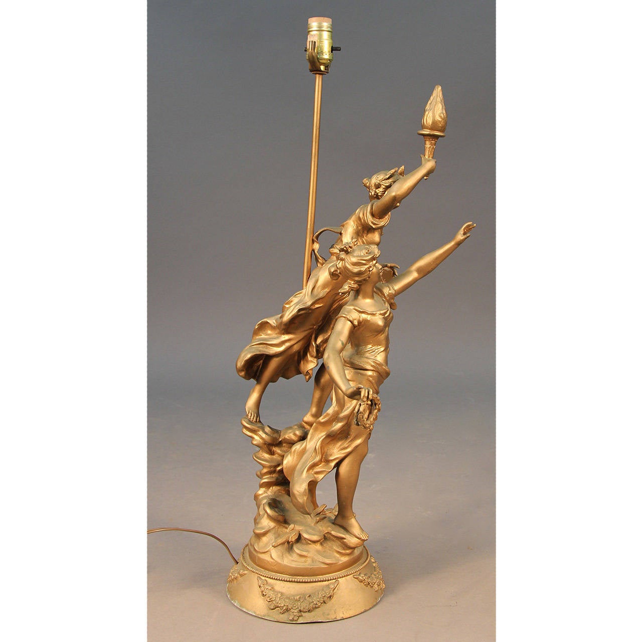 Gilt Art Nouveau Antique L & F Moreau Signed French Figural Table Lamp For Sale