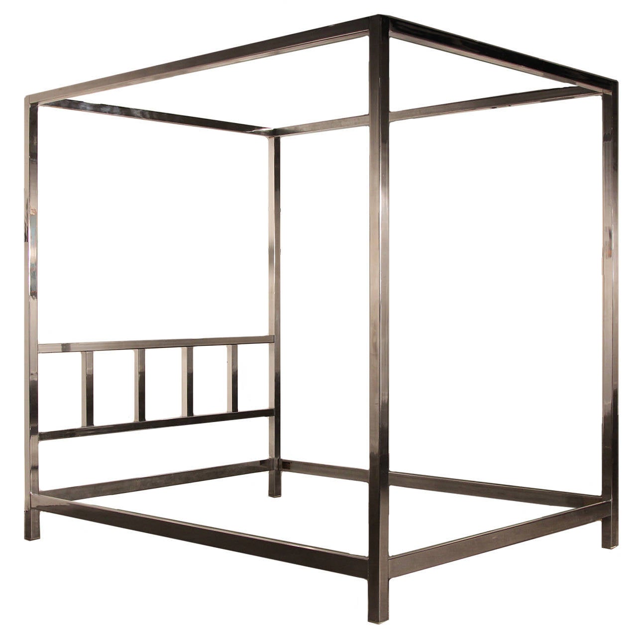 Incredible chrome canopy bed. Truly a statement piece in the master bedroom. Clean chrome lines and geometric shape. Fits queen size bed.