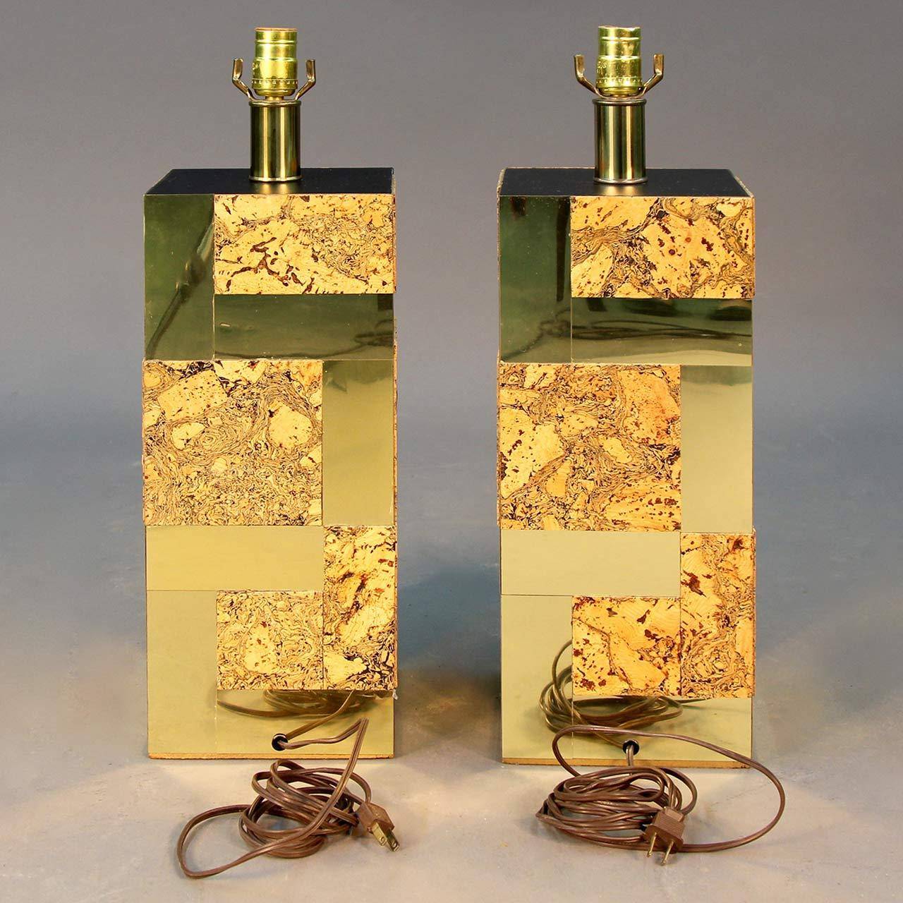 Late 20th Century Paul Evans Cityscape Brass and Cork Table Lamps