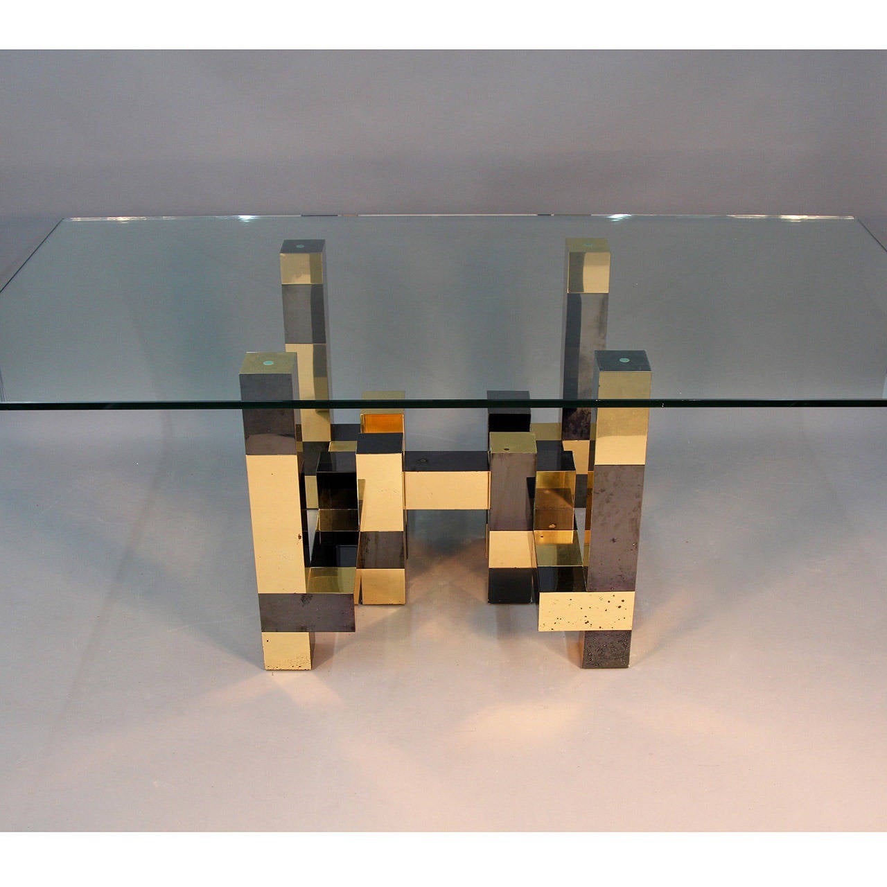 Incredible Paul Evans cityscape dining table base in brass and iodized black metal. Iconic geometric shape. Square base can be used for square or rectangular glass top.