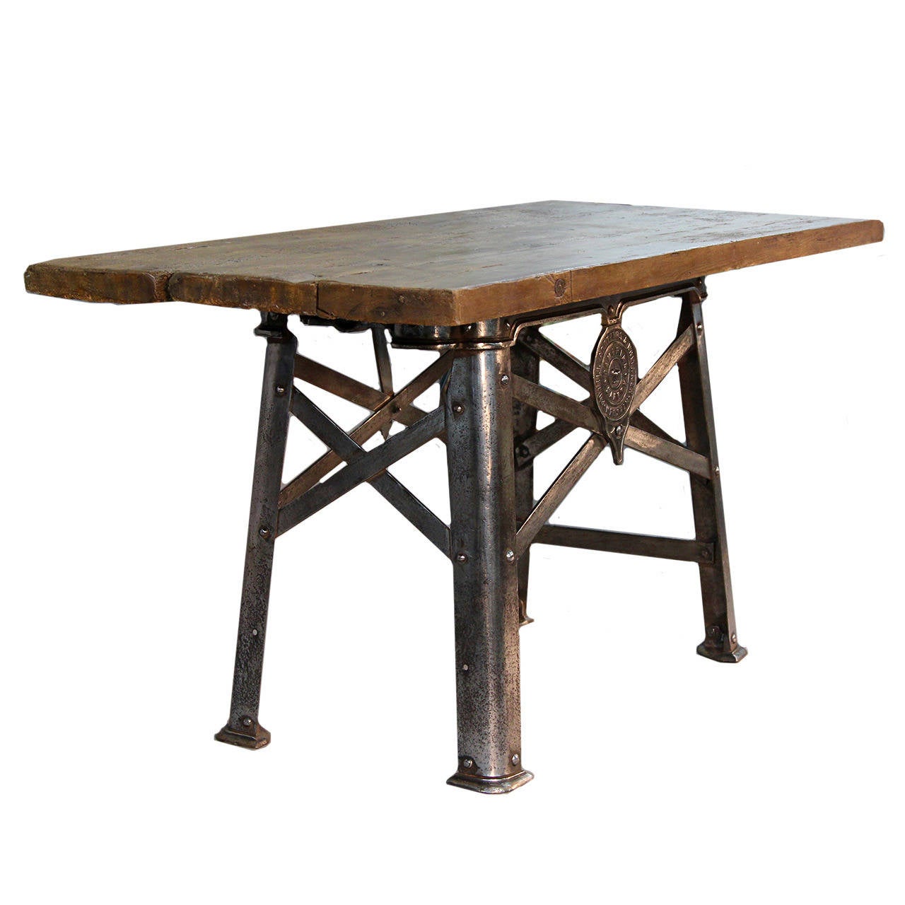 Rare English polished steel Industrial engineer's work bench/table/center island with wood top, circa 1890. #040-13