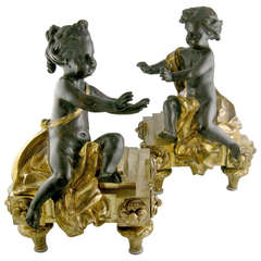 Bronze French Chenet patinated and gilded Andirons/bookends (Ca. 1900)