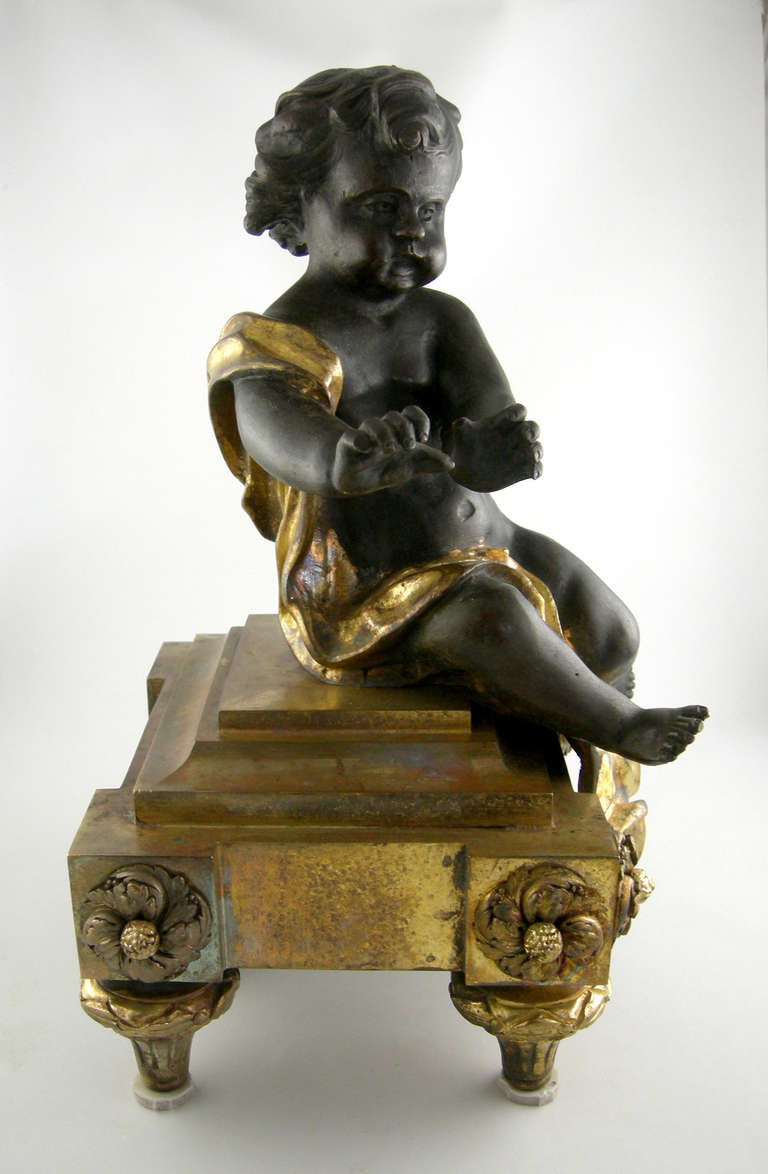 Bronze French Chenet patinated and gilded Andirons/bookends (Ca. 1900) In Excellent Condition In Bridport, CT