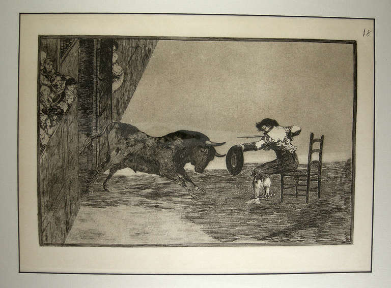 Francisco Goya numbered 19th Century Engravings (4)
Bull fighting theme.

Framed with acid free mats.
Numbered pages from a portfolio.

Pictures were taken while in frames, hence, some reflections.
