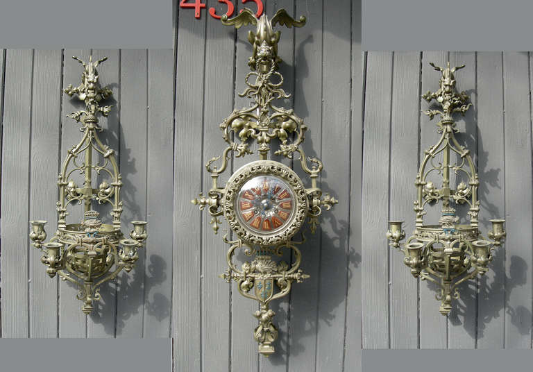 Renaissance Revival Clock and sconce set with King Louis XII Coat of Arms