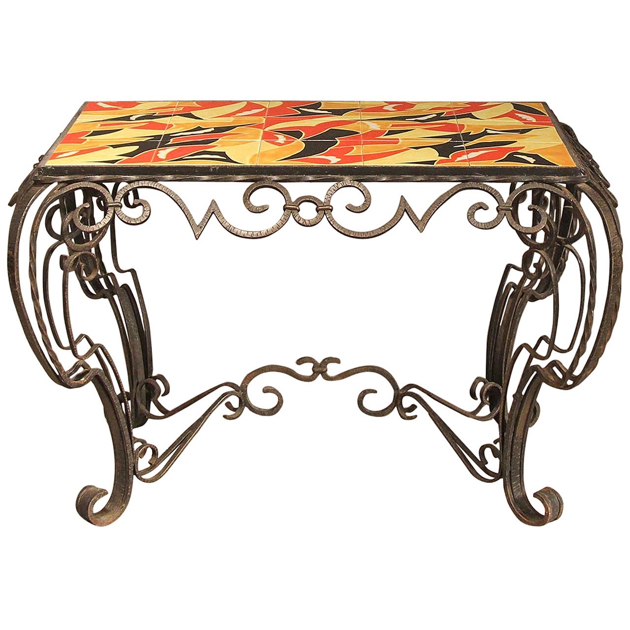 French Deco Inspired Fer Forge Console Table in the Manner of Raymond Subes