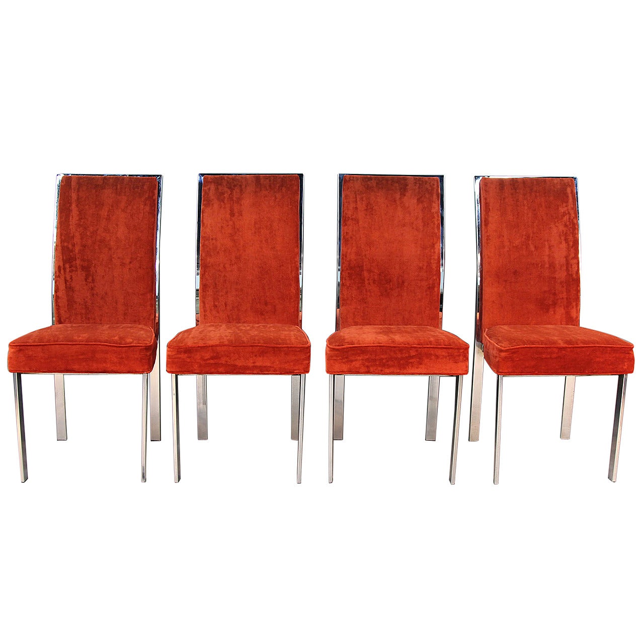 Milo Baughman Style Chrome and Velvet Dining Chairs For Sale