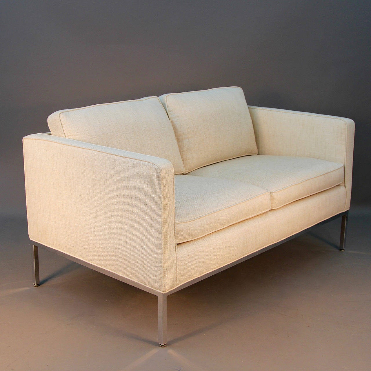 Mid-Century Modern Milo Baughman for Thayer Coggin Signed Chrome and Linen Loveseat Sofa For Sale