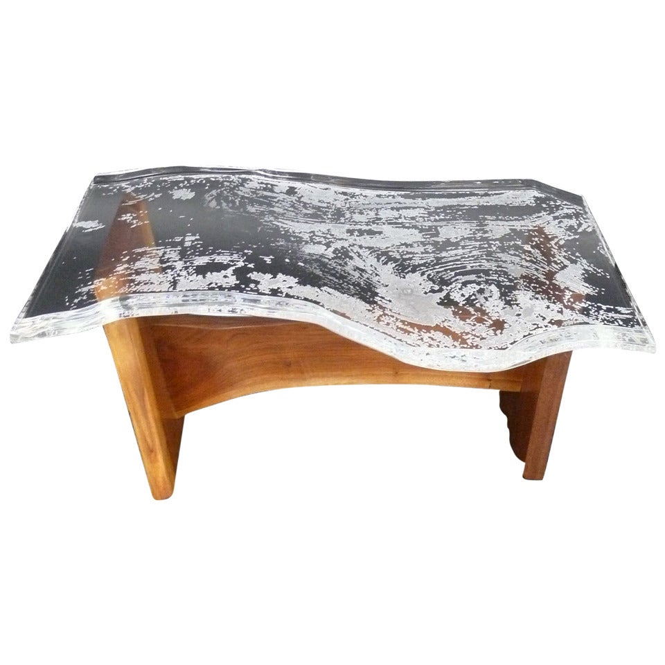 Custom Carved Lucite Table with Walnut Carved Woodgrain, Signed One of a Kind For Sale