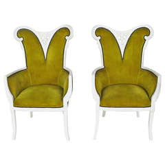 Pair of White Lacquered Upholstered Chairs, Transitional Victorian