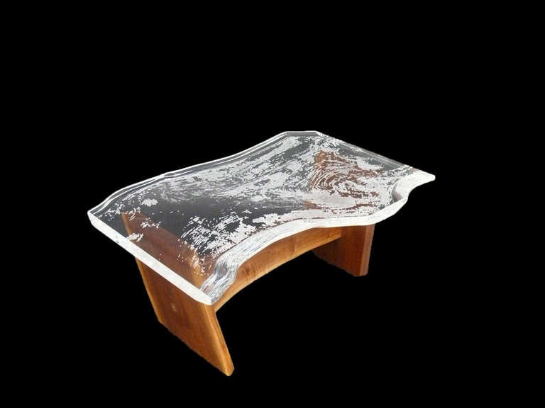 Modern Custom Carved Lucite Table with Walnut Carved Woodgrain, Signed One of a Kind For Sale
