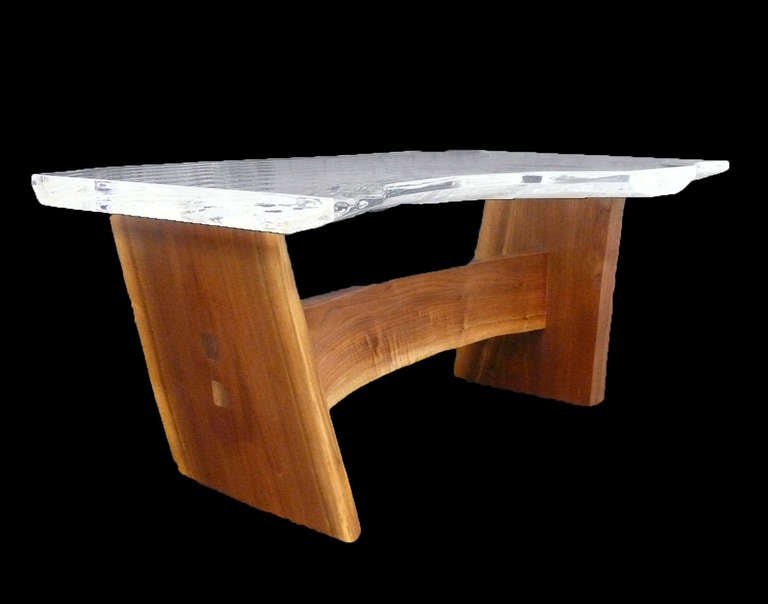 American Custom Carved Lucite Table with Walnut Carved Woodgrain, Signed One of a Kind For Sale