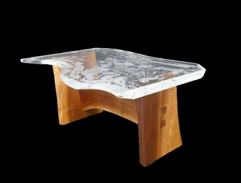 Custom Carved Lucite Table with Walnut Carved Woodgrain, Signed One of a Kind For Sale 2