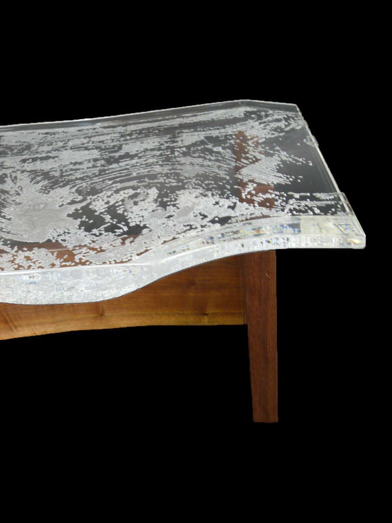 Custom Carved Lucite Table with Walnut Carved Woodgrain, Signed One of a Kind For Sale 3