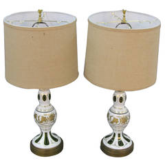 Bohemian Cased Glass Cut to Emerald Green Table Lamps