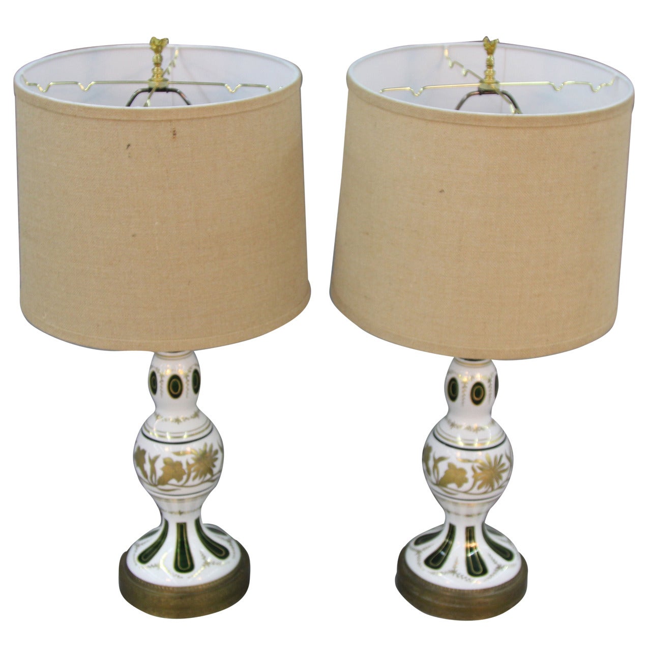 Bohemian Cased Glass Cut to Emerald Green Table Lamps For Sale
