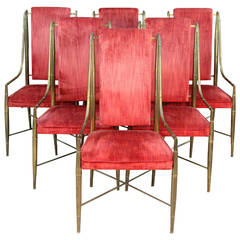 Set of Six Mastercraft Faux Bamboo Brass and Velvet Dining Chairs