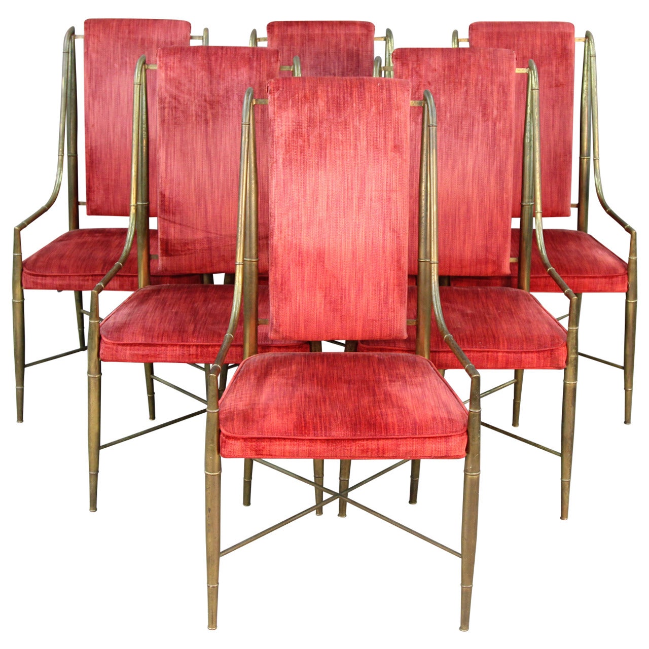 Set of Six Mastercraft Faux Bamboo Brass and Velvet Dining Chairs