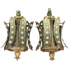 Pair Bollywood/Alberto Pinto Style Jeweled, Filigree Gilt Metal Pendants lights