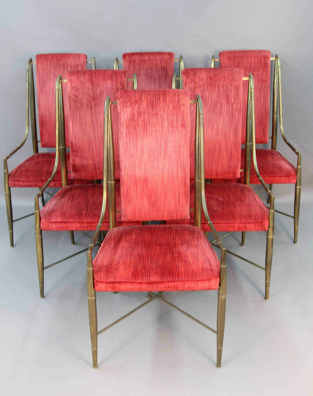 Beautiful set of six brass master craft dining chairs with velvet upholstery. Faux bamboo brass frame. Frame shows nice vintage patina, but solid brass can be polished to look new. Upholstery in good shape.