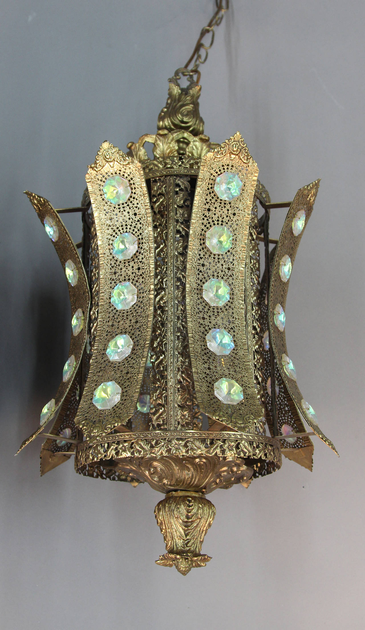 Mid-20th Century Pair Bollywood/Alberto Pinto Style Jeweled, Filigree Gilt Metal Pendants lights For Sale