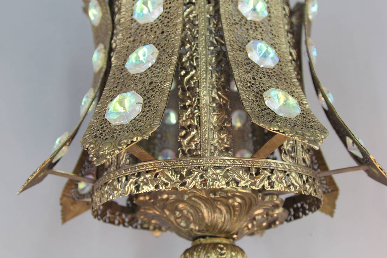 Pair Bollywood/Alberto Pinto Style Jeweled, Filigree Gilt Metal Pendants lights For Sale 1