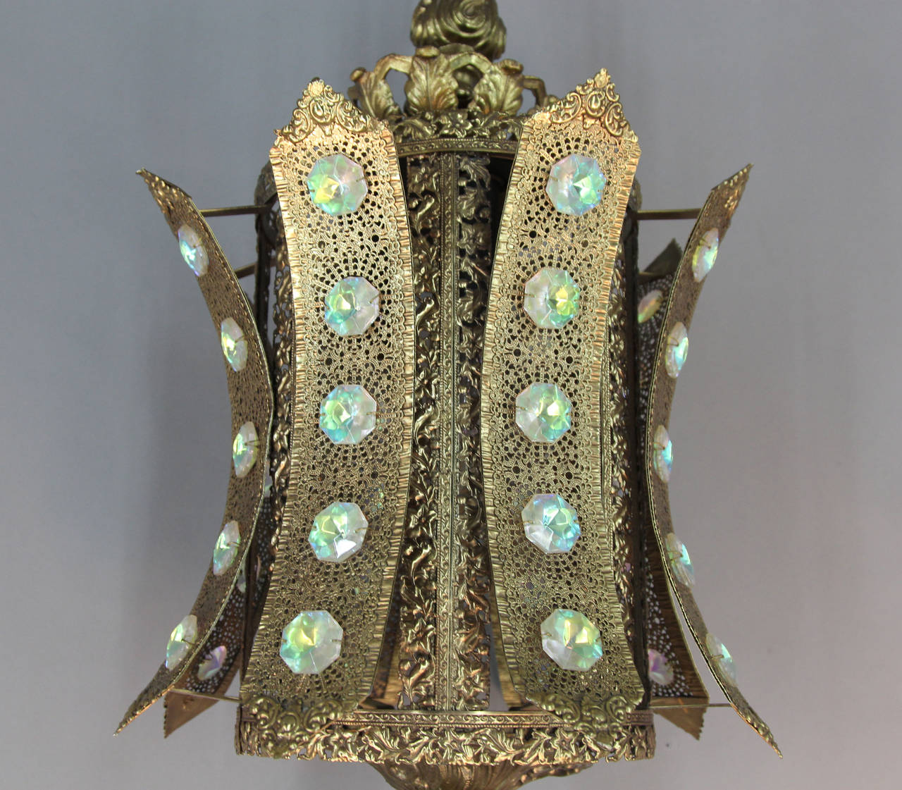 Pair Bollywood/Alberto Pinto Style Jeweled, Filigree Gilt Metal Pendants lights In Good Condition For Sale In Bridport, CT