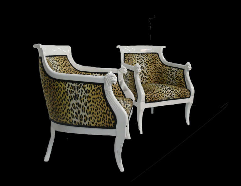 American Pair of Hollywood Regency Leopard Print Lacquered Arm Chairs