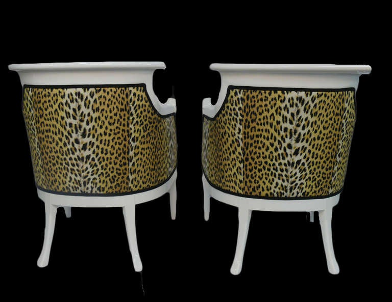 Pair of Hollywood Regency Leopard Print Lacquered Arm Chairs In Excellent Condition In Bridport, CT