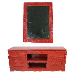 Red Lacquered Asian Sideboard Media Console with Mirror